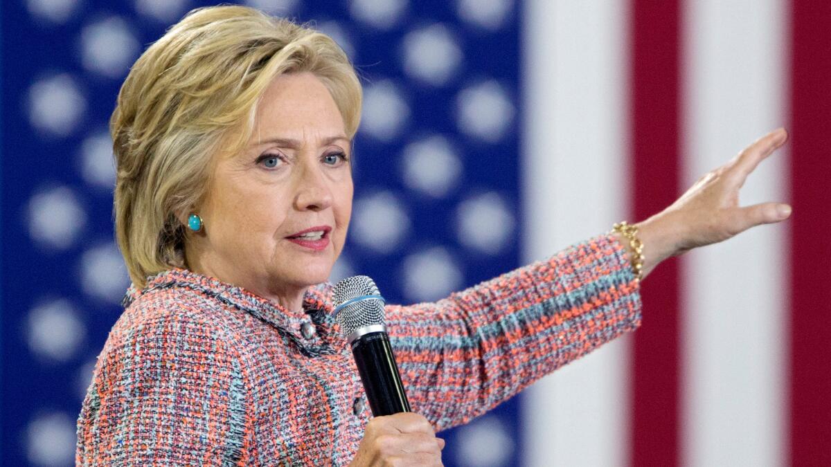 U.S. Democratic presidential candidate Hillary Clinton campaigns at Northern Virginia Community College in Annandale, Va., on July 14.