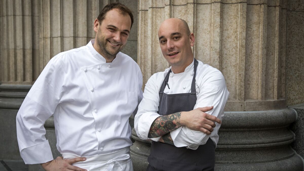 Chef Daniel Humm, left, who is behind food and beverages at the new NoMad Los Angeles, and hotel executive chef Chris Flint.