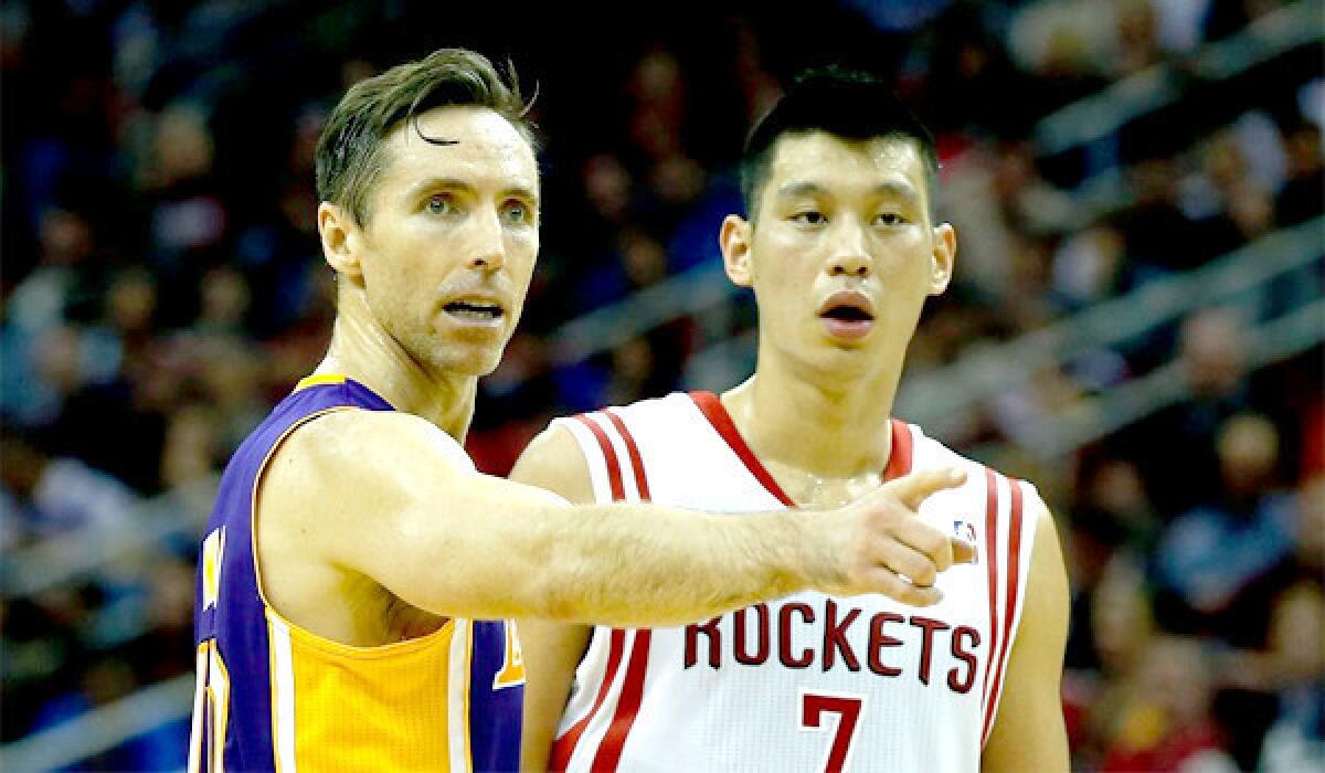 Lakers point guard Steve Nash with the Rockets' Jeremy Lin. The Lakers are only three losses behind the eighth-seeded Houston Rockets.