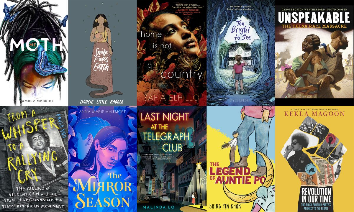 This combination of photos shows cover art for the books competing for the National Book Award for young people's literature, top row from left, "Amber McBride's “Me (Moth)," Darcie Little Badger's “A Snake Falls to Earth,” Safia Elhillo's “Home Is Not a Country,” Kyle Lukoff's “Too Bright to See,” Carole Boston Weatherford's “Unspeakable: The Tulsa Race Massacre,” bottom row from left, Paula Yoo's “From a Whisper to a Rallying Cry," Anna-Marie McLemore's “The Mirror Season,” Malinda Lo's “Last Night at the Telegraph Club,” Shing Yin Khor's "The Legend of Auntie Po," and Kekla Magoon's "Revolution in Our Time: The Black Panther Party’s Promise to the People." (Top row from left, Feiwel & Friends, Levine Querido, Make Me a World, Dial Books, Carolrhoda Books, bottom row from left, Norton Young Readers, Feiwel & Friends, Dutton Books for Young Readers, Candlewick via AP)