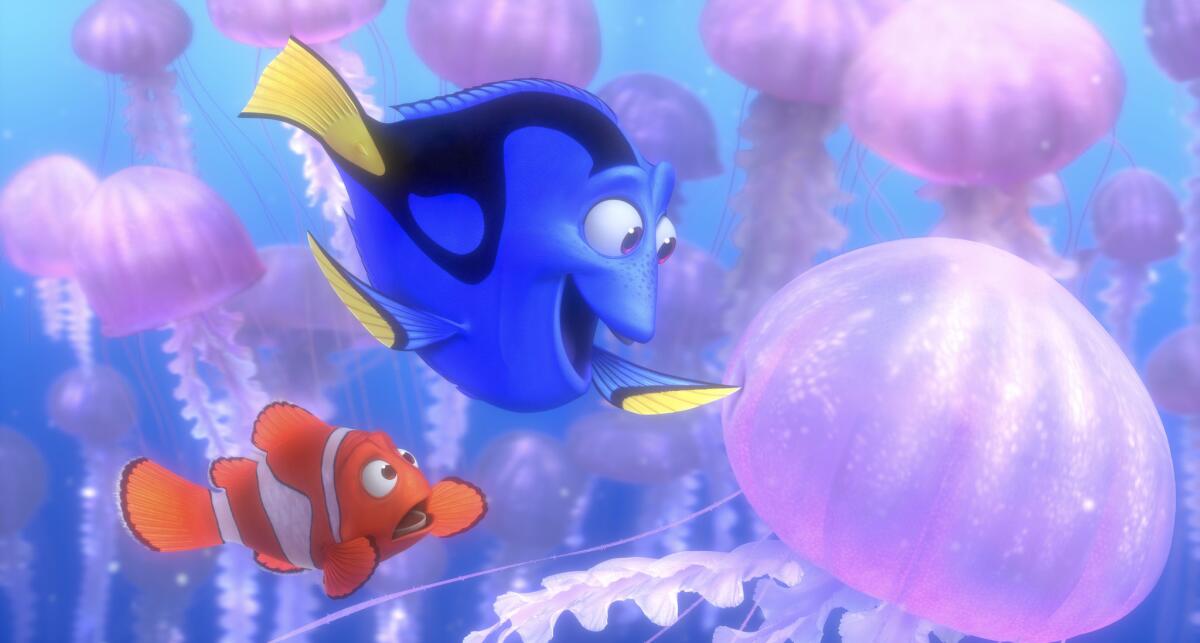 Marlin and Dory go on an underwater adventure in "Finding Nemo."