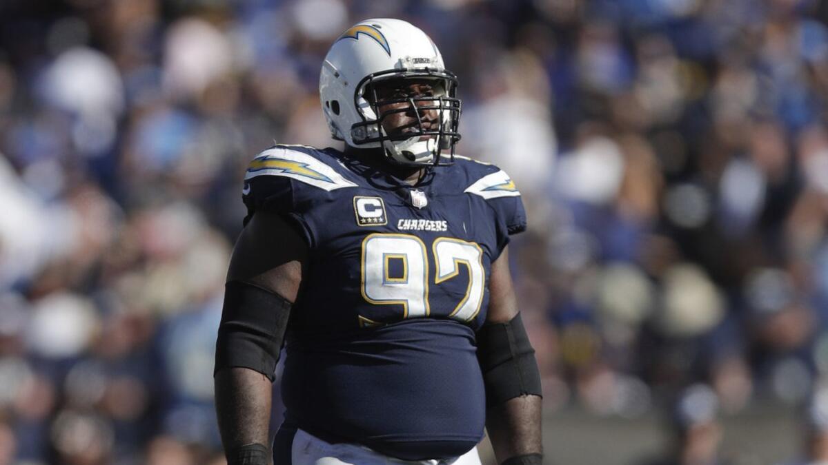 Chargers defensive tackle Brandon Mebane has stepped up during the absence of Joey Bosa.