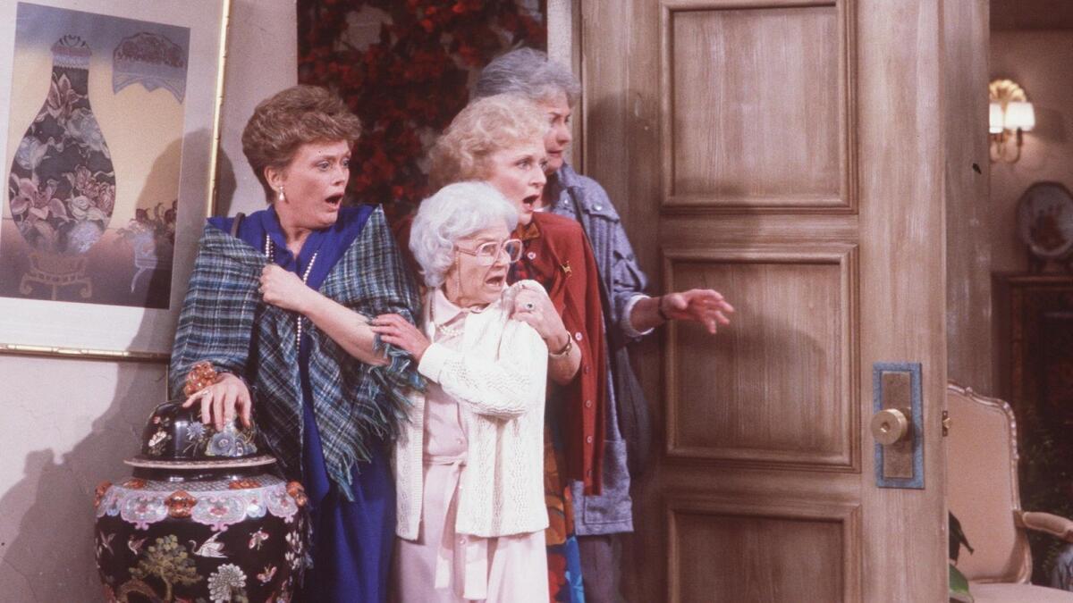 Rue McClanahan, left, Estelle Getty, Betty White and Bea Arthur in "Golden Girls," now available to stream on Hulu.