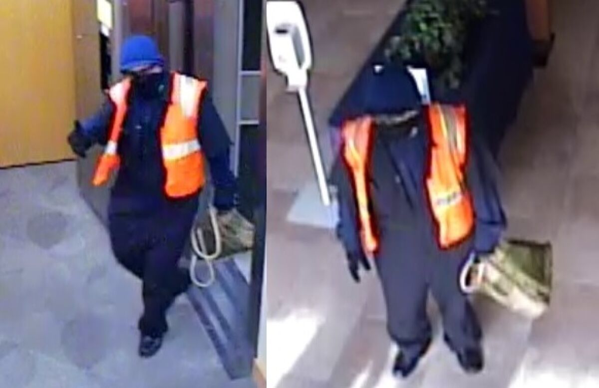 The FBI released these surveillance images of a man who robbed a teller Wednesday morning at the Union Bank in Solana Beach.