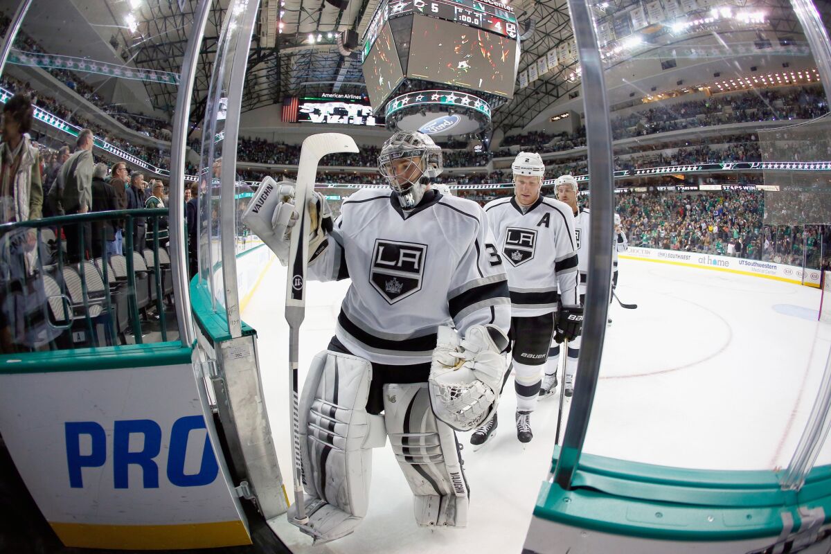 Kings goalie Jonathan Quick walks off the ice after a 5-4 loss to the Stars in Dallas on Nov. 22.