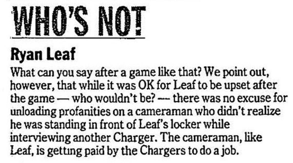 The three-sentence item written by Jay Posner and published Sept. 21, 1998 that angered then-Chargers QB Ryan Leaf.