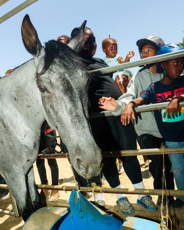 Children pet one of the horses at the Compton Cowboys ranch.