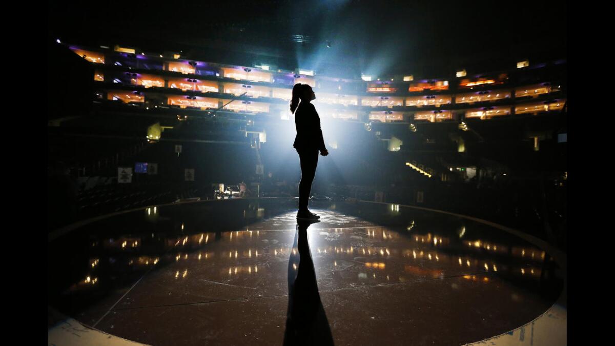 Actress Renee Gentry stands in for R&B nominee Andra Day during rehearsal for the 2016 Grammy Awards.