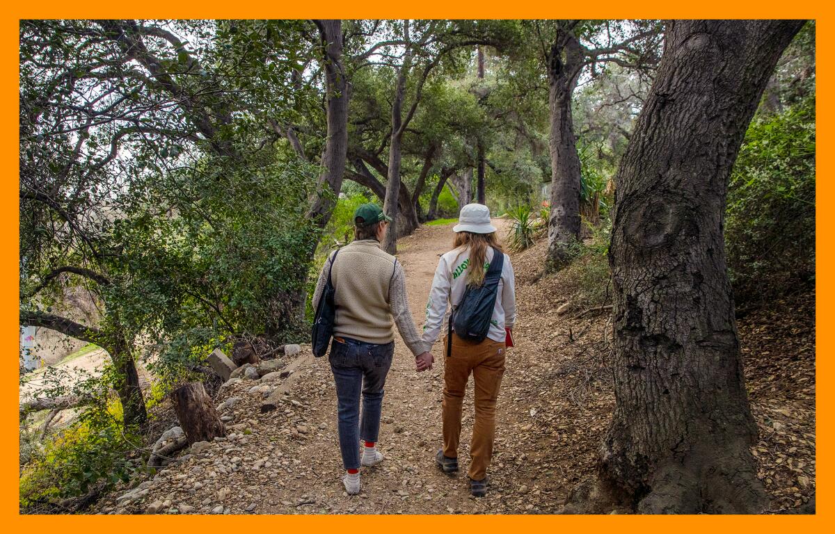 Two people holding hands walk on a dirt path among trees.