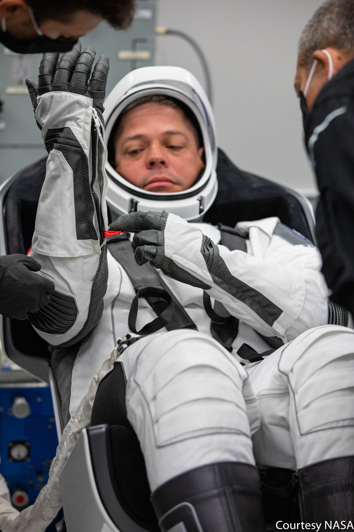 NASA astronaut Robert Behnken in the suit-up room at KSC (May 30, 2020)