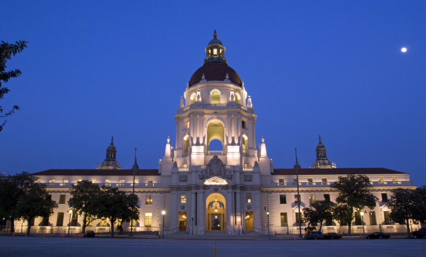 The city of Pasadena is warning against Mother’s Day gatherings after its public health department recently traced a cluster of at least five coronavirus cases to a birthday party. Pasadena City Hall is pictured.