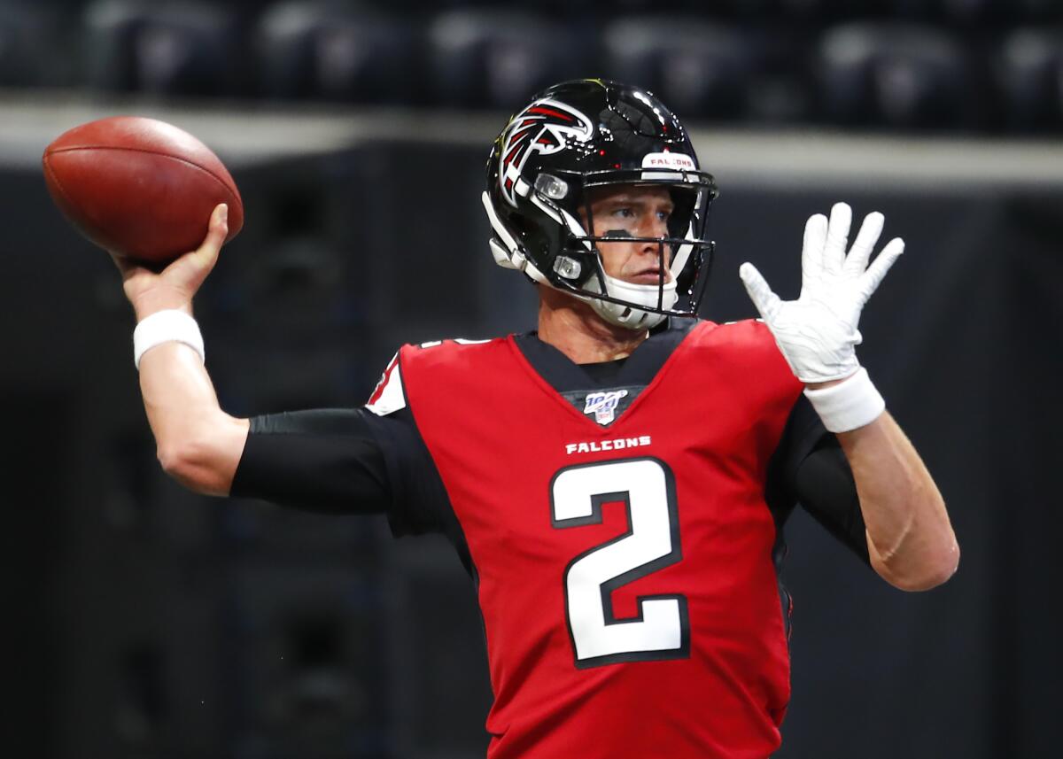 Falcons quarterback Matt Ryan warms up before a preseason game against the Jets on Aug. 15, 2019.