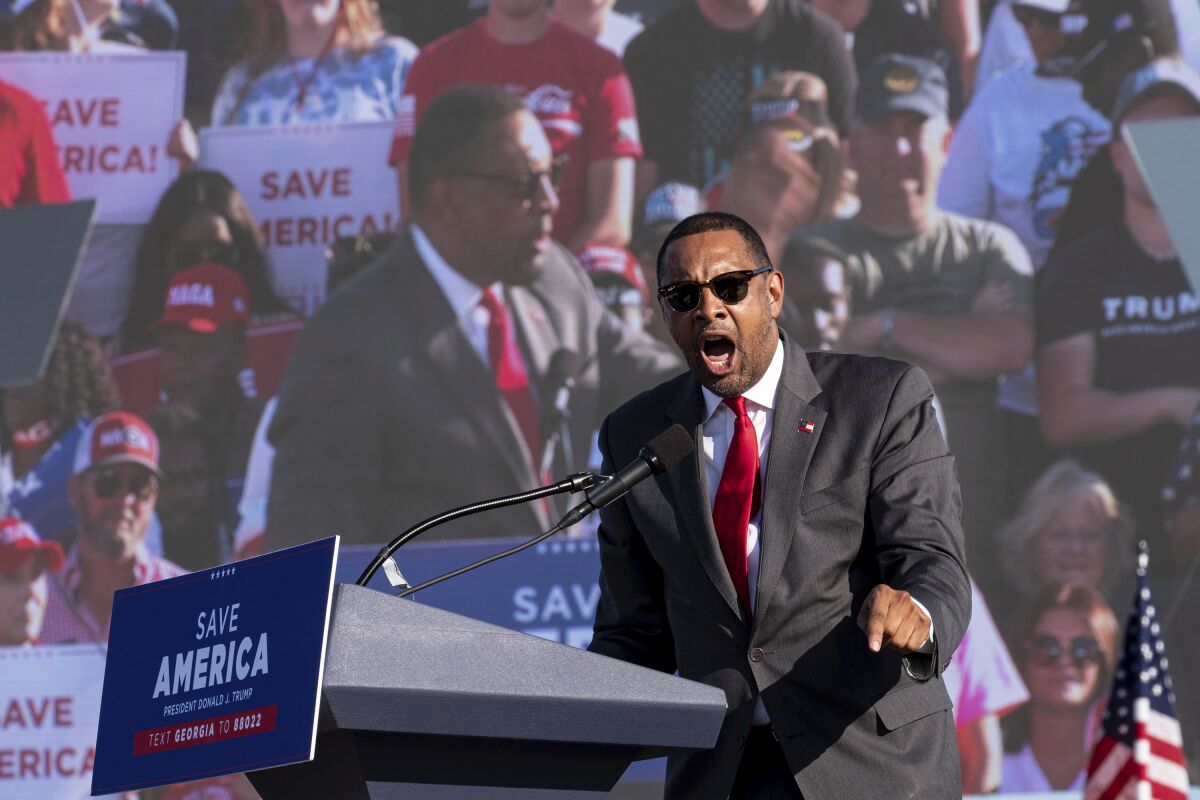 Vernon Jones, candidate for Georgia governor, speaks to supporters during former president Donald Trump's Save America rally in Perry, Ga., Sept. 25, 2021. Jones announced on Tuesday, Feb. 7, 2022 that he’s running for Congress in Georgia’s 10th District as a Republican after dropping out of the governor’s race the day before. (AP Photo/Ben Gray, file)