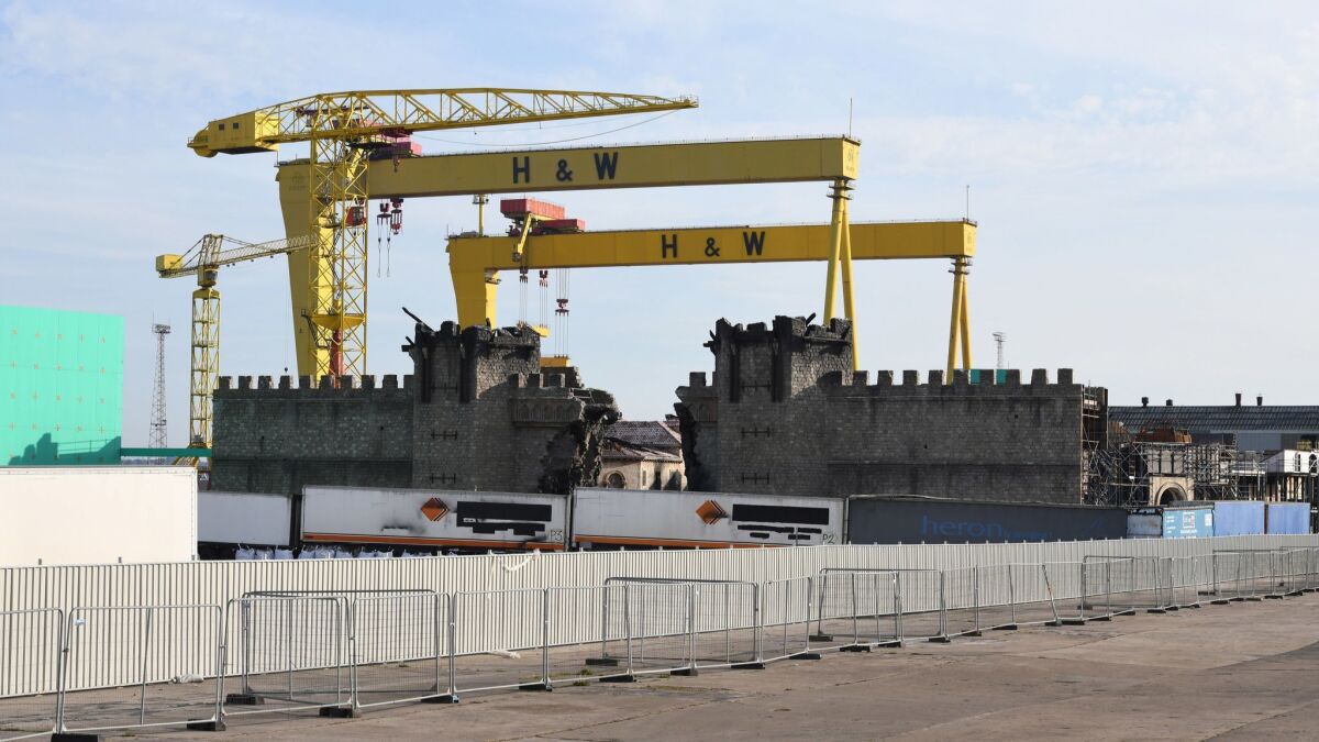 The famous Harland and Wolff cranes tower over the "Game of Thrones" King's Landing set close to the Titanic Studios complex where the television series is filmed.