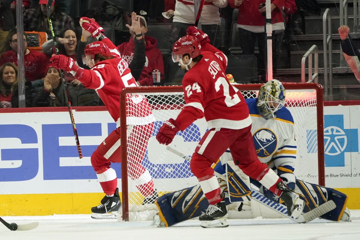 Detroit Red Wings left wing Tyler Bertuzzi (59) celerbrates his goal against the Buffalo Sabres in the first period of an NHL hockey game Saturday, Jan. 15, 2022, in Detroit. (AP Photo/Paul Sancya)