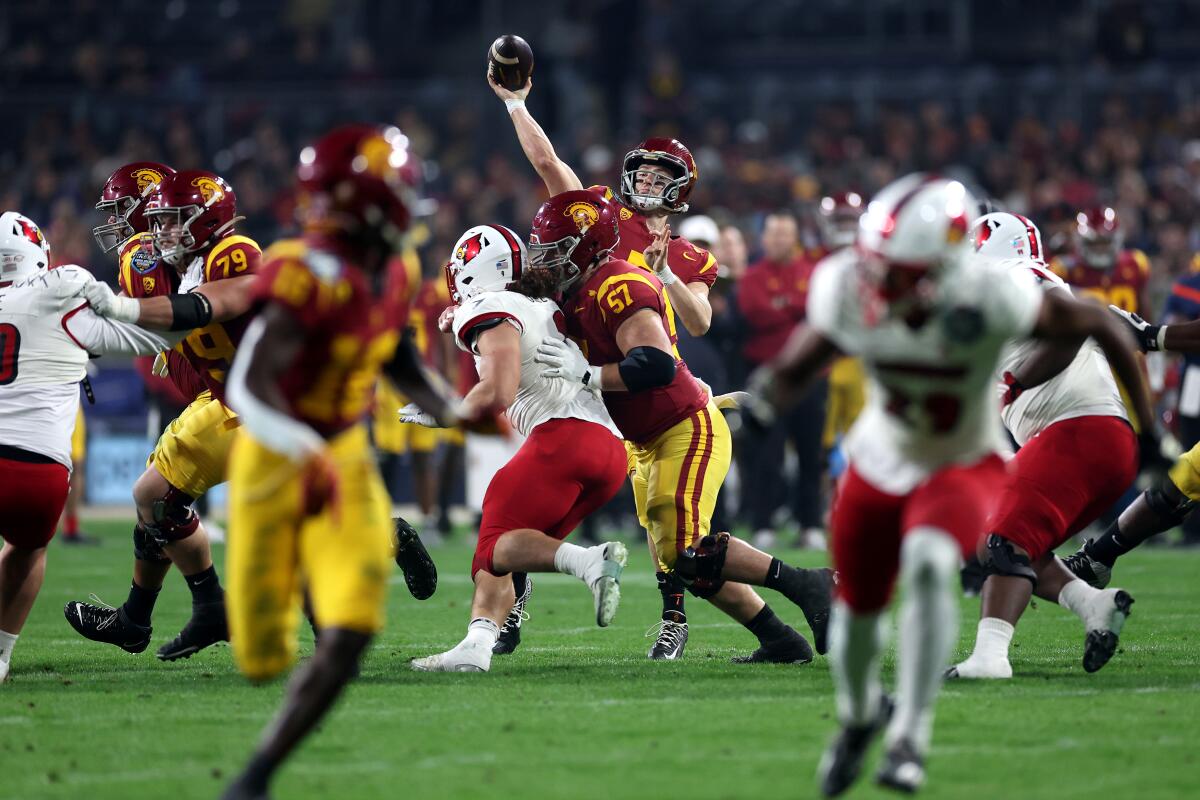 USC quarterback Miller Moss passes the ball during the Trojans' win over Louisville Wednesday in San Diego. 