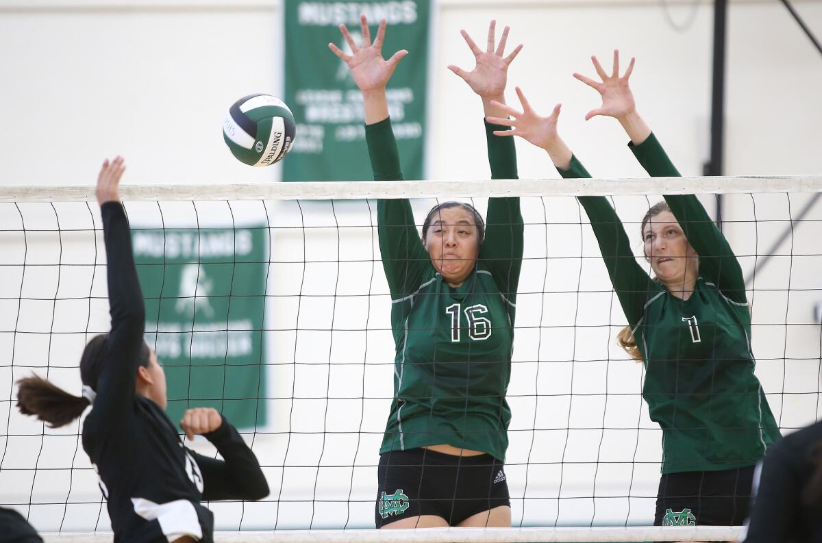 Costa Mesa's Malia Tufuga (15) and Lorelei Hobbis (1), pictured blocking a shot against Godinez on Aug. 20, were unable to lead the Mustangs to a win at Pacifica on Wednesday.