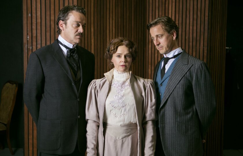 From left: Ray Chambers, Mhari Sandoval and Bruce Turk in “Hedda Gabler” at North Coast Repertory Theatre.
