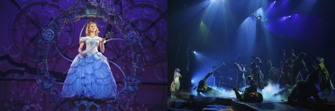 Ginna Claire Mason as Glinda and, at right, Rachel Tucker as Elphaba, suspended above a crowd, in scenes from “Wicked.”