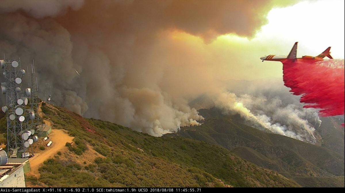 An ALERTWildfire camera capture on top of Santiago Peak in Orange County, Calif., to inform fire officials with views of the Holy Fire in August 2018.
