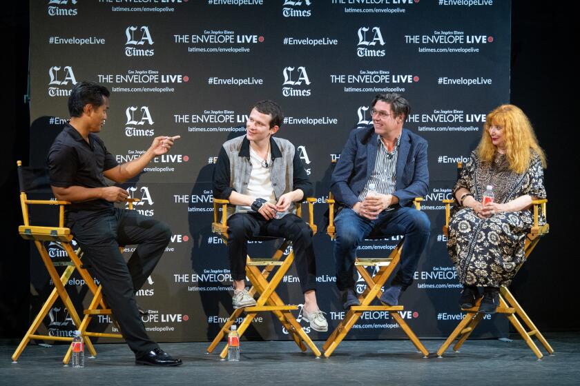 HOLLYWOOD, CA - OCTOBER 23, 2019: Los Angeles Times writer Michael Ordona, actor Joel Basman, director Michael Steiner and actress Inge Maux, from left, at the Los Angeles Times Envelope Live screening of “Wolkenbruch" at The Montalbán Theatre. (Michael Owen Baker / For The Times)