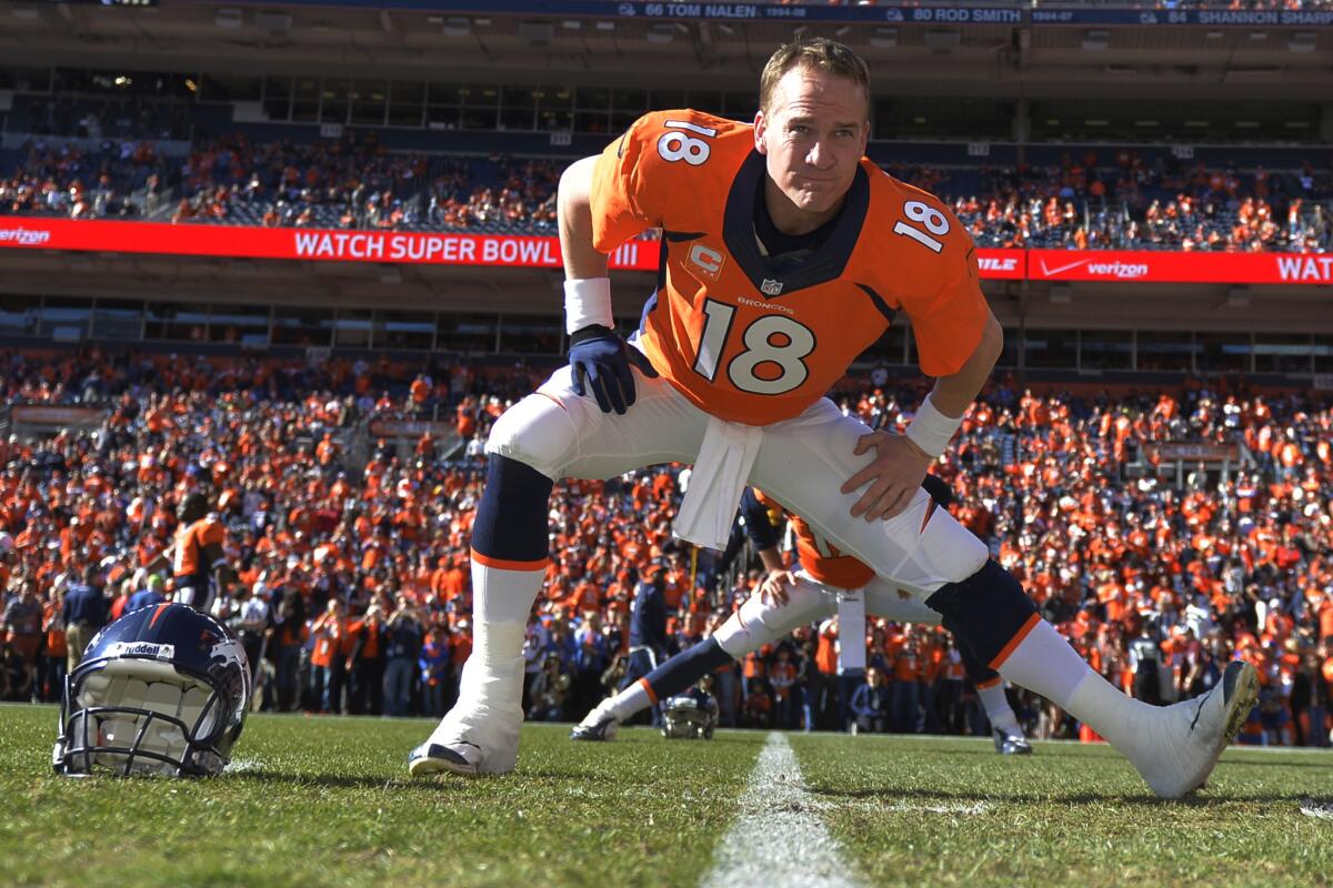 Fox International Channels plans a live broadcast in Europe of the upcoming Super Bowl between the Denver Broncos and Seattle Seahawks. The Broncos' star is quarterback Peyton Manning, seen loosening up before the AFC Championship NFL playoff football game against New England Patriots in Denver last Sunday.
