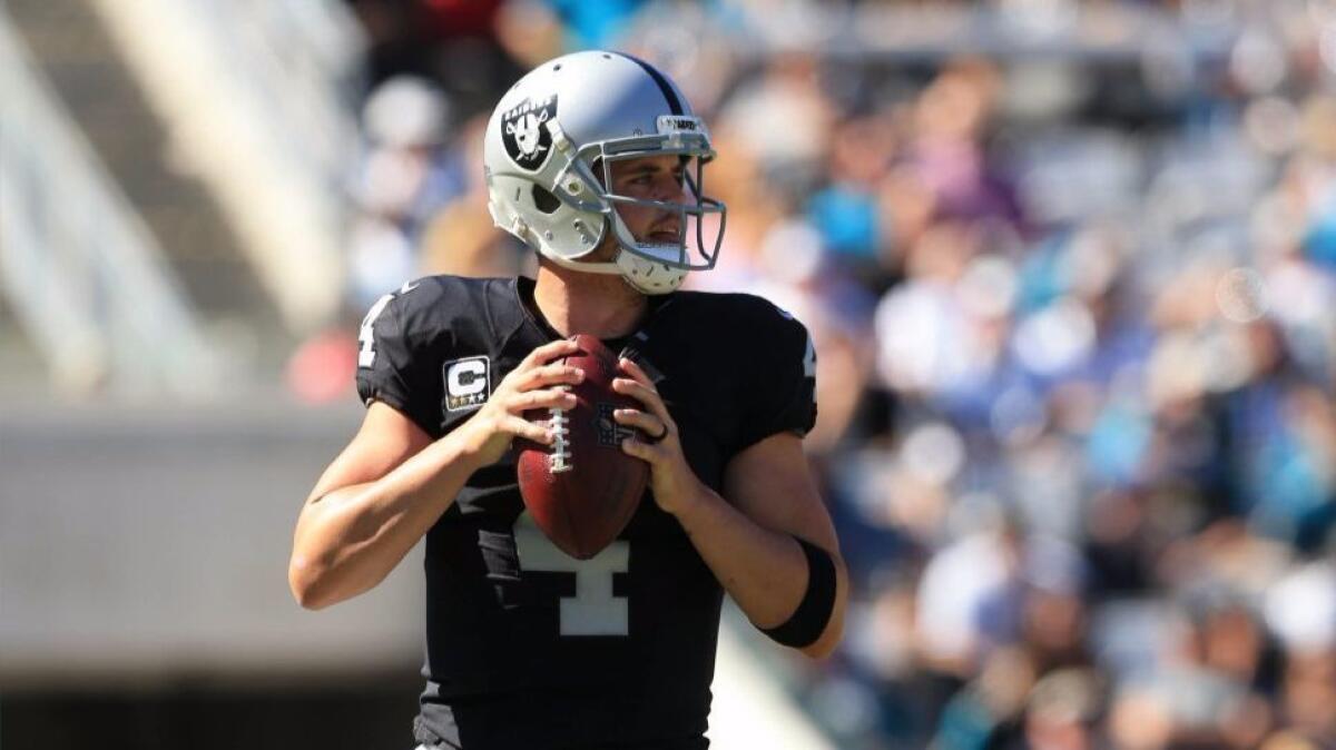 Raider quarterback Derek Carr looks to pass during a game against the Jaguars on Oct. 23.