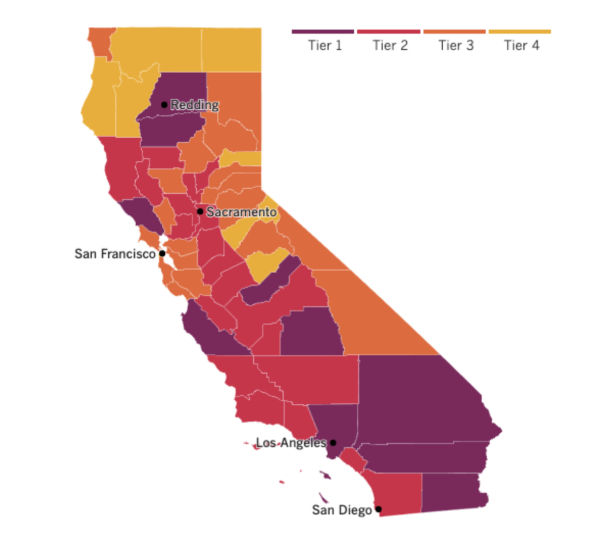 A map showing the tiers to which California counties have been assigned for reopening based on local coronavirus risk.