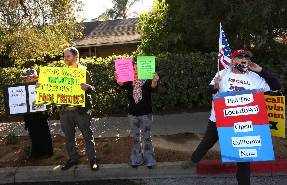 A handful of people protest across the street from the home of Los Angeles County Supervisor Sheila Kuehl in Santa Monica. 