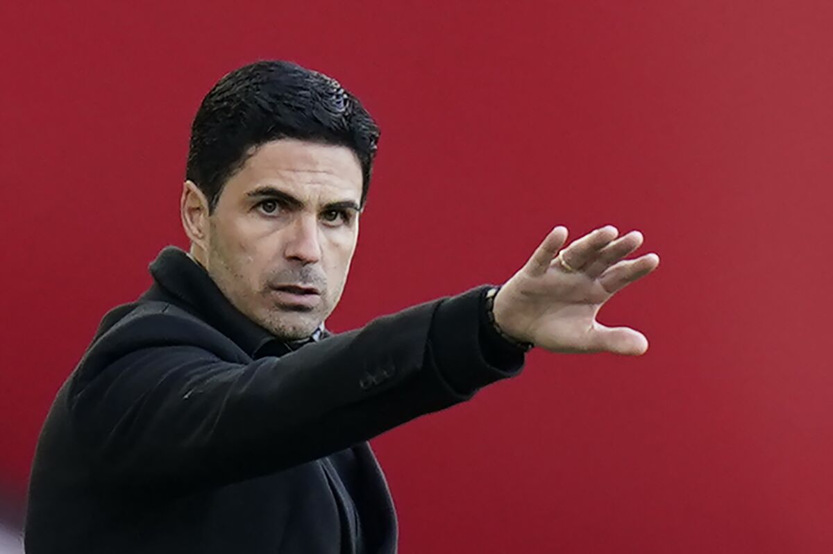 Arsenal's manager Mikel Arteta gestures during an English Premier League soccer match between Sheffield United and Arsenal at the Bramall Lane stadium in Sheffield, England, Sunday, April 11, 2021. (AP Photo/Tim Keeton, Pool)