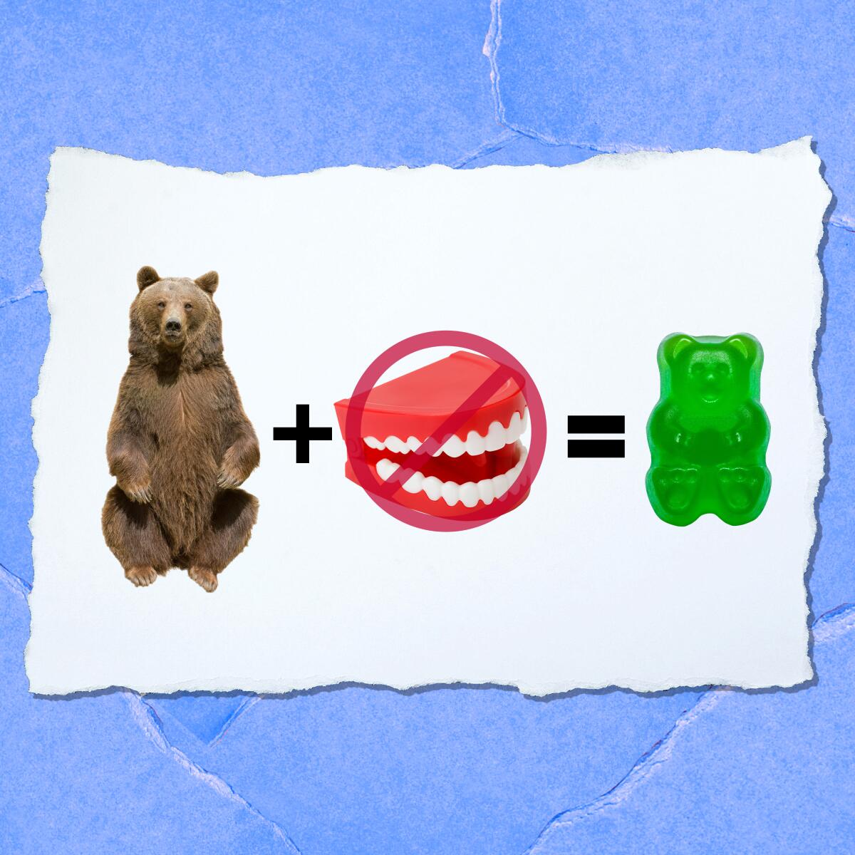 An illustration shows: a bear, a plus sign, a "not allowed" symbol over wind-up teeth, an equal sign and a gummy bear.