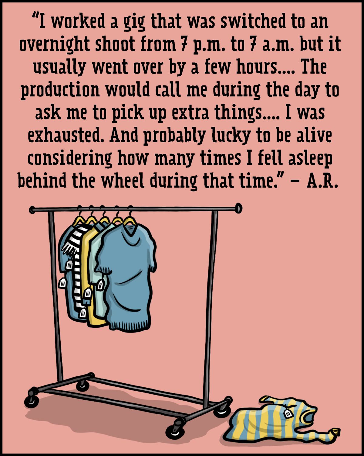 Illustration of a portable clothing rack with sweaters and tops hanging on it and one sweater on the floor.