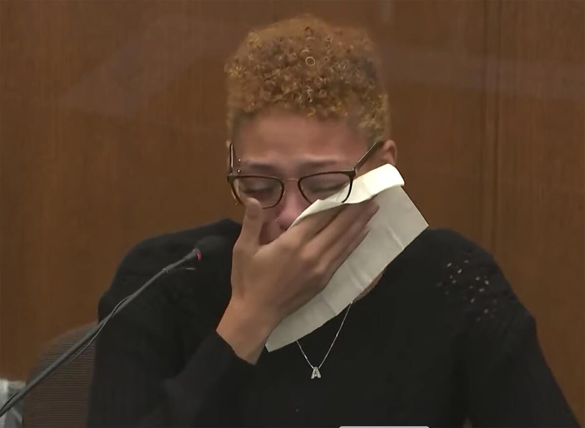 FILE - In this screen grab from video, Alayna Albrecht-Payton, the woman who was in Daunte Wright’s vehicle when he was fatally shot on April 11, 2021, by police in a Minneapolis suburb last year, testifies as Hennepin County Judge Regina Chu presides over court, Dec. 9, 2021, in the trial of former Brooklyn Center Police Officer Kim Potter at the Hennepin County Courthouse in Minneapolis. Albrecht-Payton is suing the city and the former officer, Potter, who killed him. (Court TV, via AP, Pool, File)