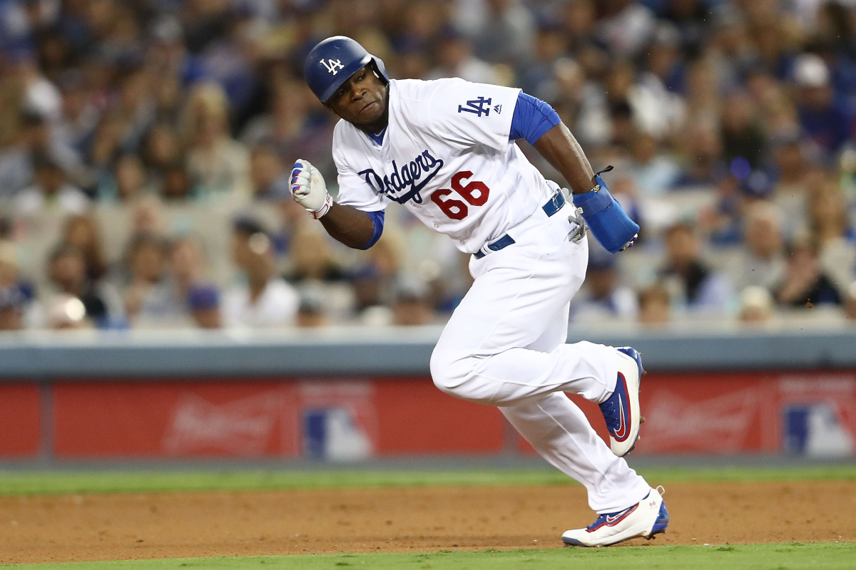 Former Dodgers outfielder Yasiel Puig arrived at the winter meetings on Monday (Robert Gauthier/Los Angeles Times)