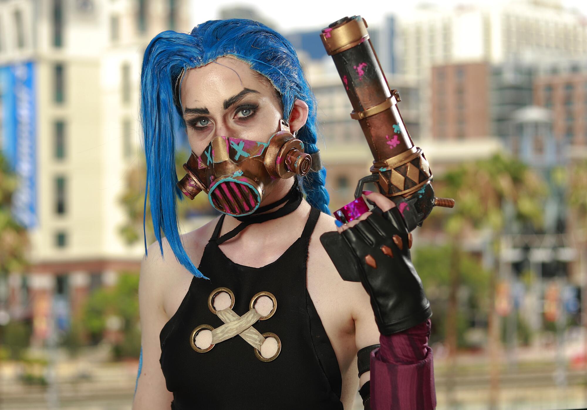 Carrie Samsen of San Diego dressed as Jinx from the series Arcane at Comic-Con.