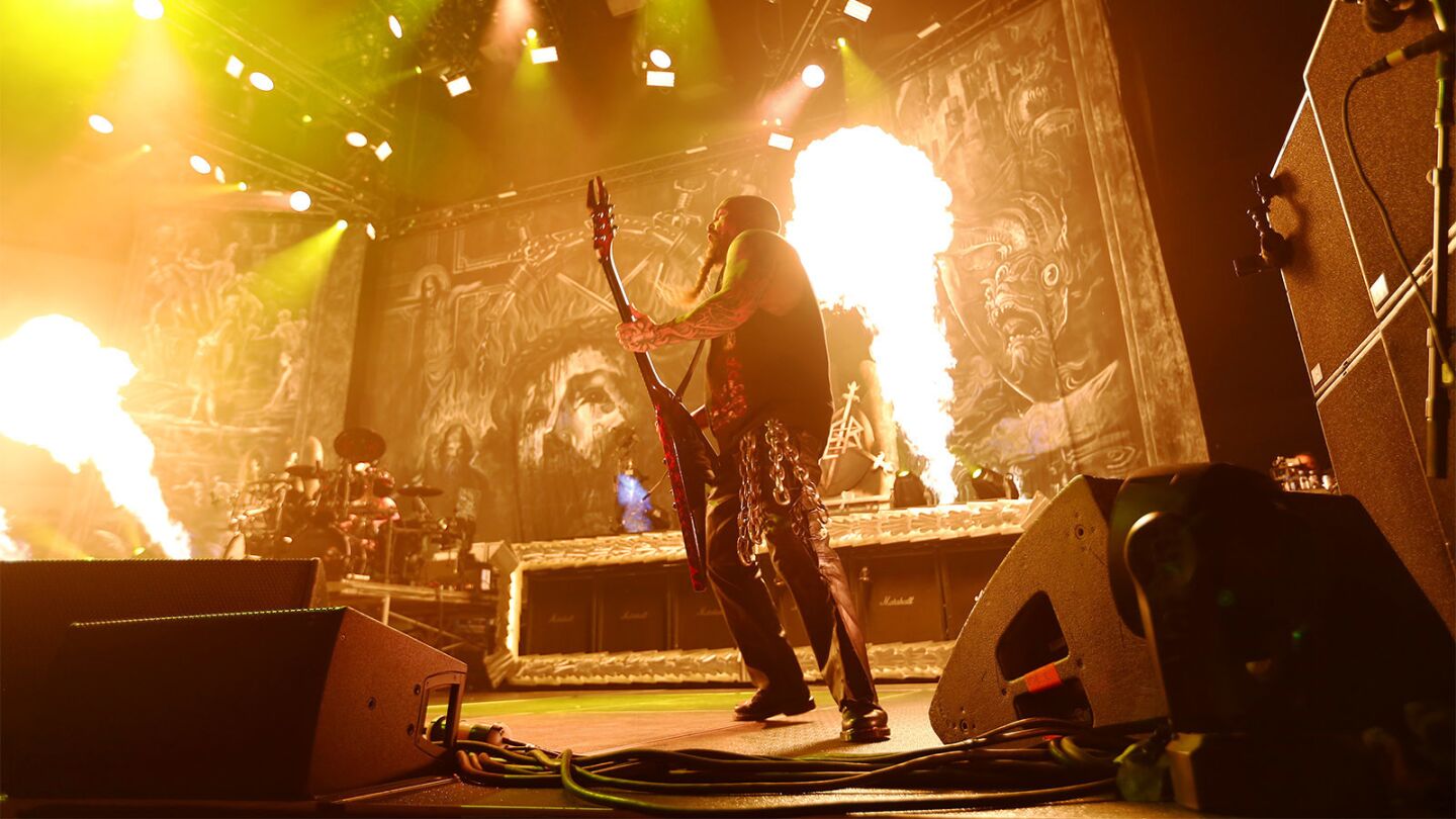 Guitarist Kerry King of the band Slayer plays during the band's opening night of their farewell tour in San Diego on May 10, 2018. (Photo by K.C. Alfred/ San Diego Union -Tribune)