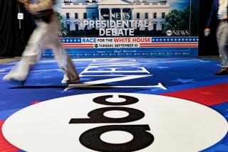 Signage in the spin room ahead of the second presidential debate at the Pennsylvania Convention Center in Philadelphia, Pennsylvania, US, on Monday, Sept. 9, 2024. Donald Trump and Kamala Harris enter Tuesday's debate in search of the same goal, a moment that will help them gain the edge in a race polls show is essentially tied. Photographer: Hannah Beier/Bloomberg via Getty Images