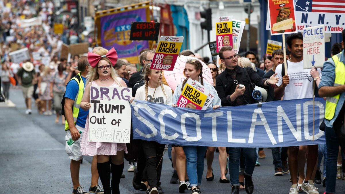 An anti-Trump protest march in Edinburgh, Scotland, on July 14, 2018.