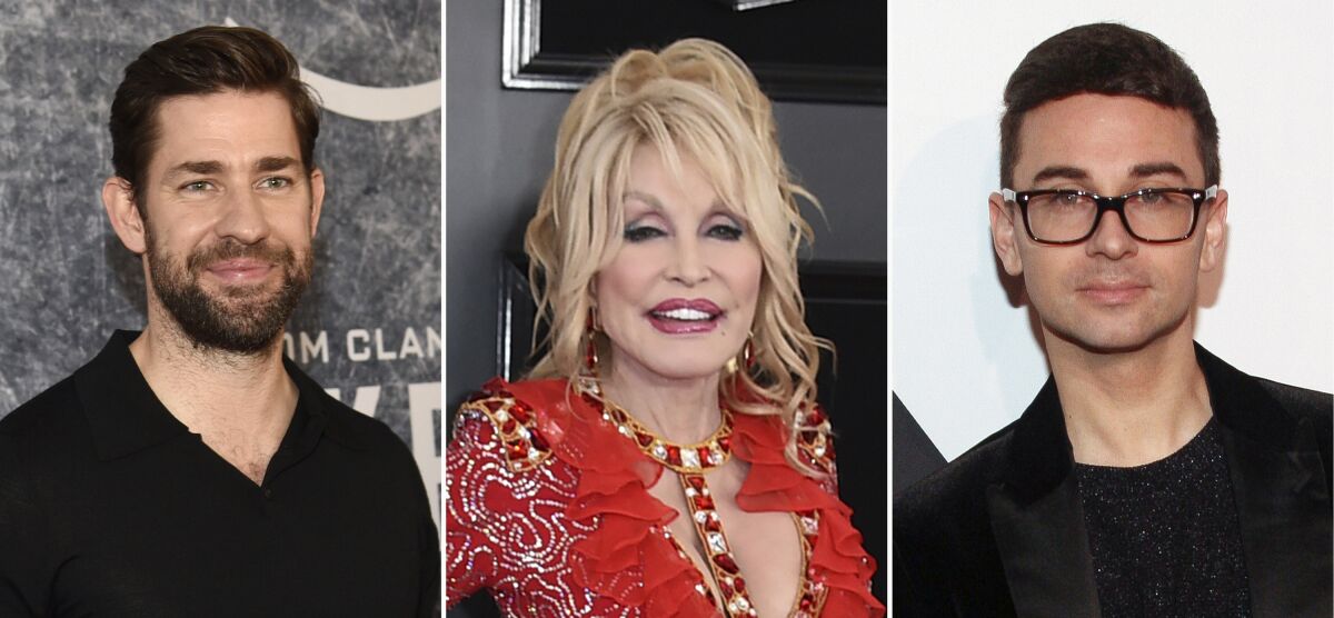 This combination photo shows John Krasinski, from left, Dolly Parton and Christian Siriano. They are among those in the entertainment industry who took the initiative to make the best out of a challenging year. (AP Photo)