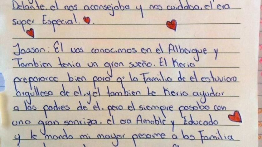 One of the letters written by shelter roommates to the two Honduran teenages killed last month in Tijuana.