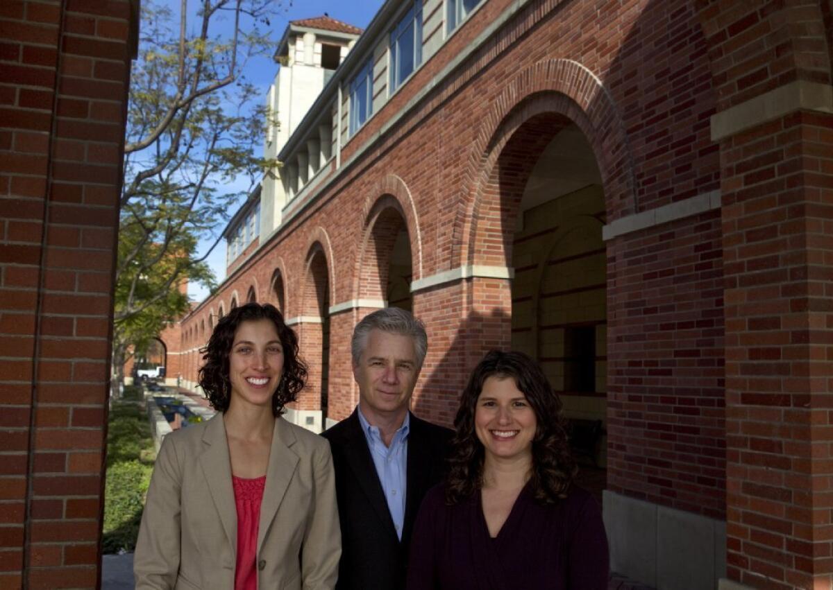 From left: Jessica Levine, program director, Adlai Wertman, founding director and professor of clinical entrepreneurship, Abby Fifer Mandell, executive director, stand outside Popovich Hall at USC Wednesday, Feb. 12, 2014. USC moves ahead with plans to start what it thinks will be the nation's first one year Master's program on social entrepreneurship based at a business school, teaching business savvy to those with social causes.