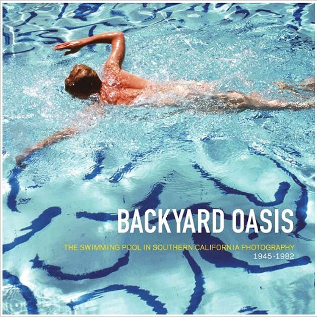 The jacket cover of the exhibit book for "Backyard Oasis: The Swimming Pool in Southern California Photography" 1945-1982 (Prestel Publishing), at the Palm Springs Art Museum through May 27. Photo "The Hockney Swimmer" by Michael Childers, taken in 1978.