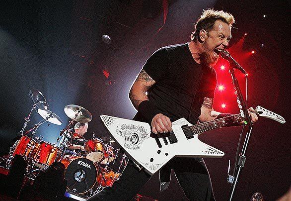 James Hetfield and drummer Lars Ulrich lead Metallica in concert at the Forum in Inglewood on Dec. 17, 2008.