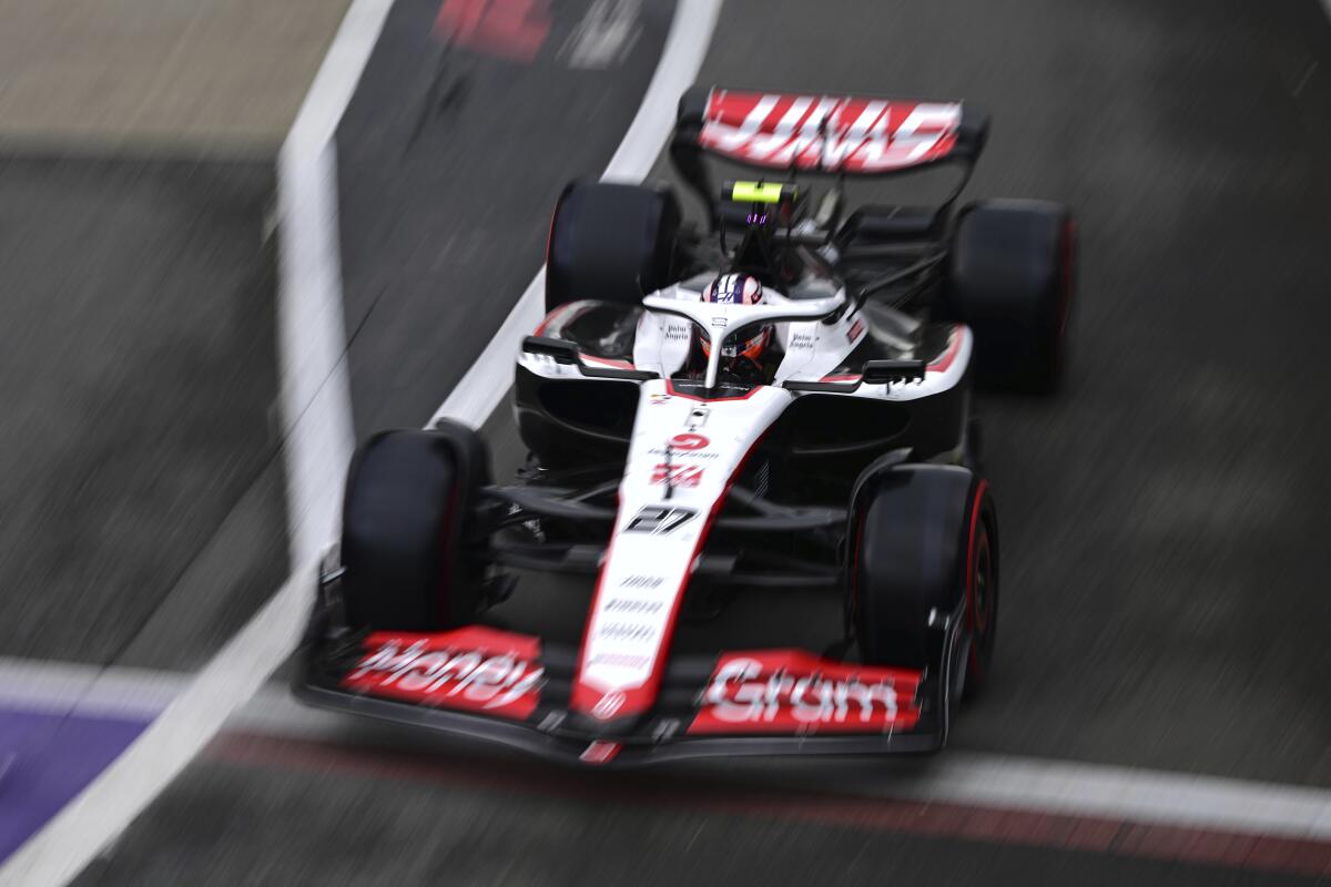 Haas driver Nico Hulkenberg of Germany steers his car during the qualifying session.