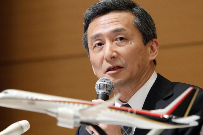 Japan's Mitsubishi Aircraft president Hiromichi Morimoto speaks before he press in Kasugai in Aichi prefecture, central Japan on April 10, 2015. Mitsubishi Heavy Industries subsidiary Mitsubishi Aircraft said that it would be arranging a maiden flight for the newly developed passenger plane Mitsubishi Regional Jet (MRJ) in September or October. AFP PHOTO / JIJI PRESS JAPAN OUTJIJI PRESS/AFP/Getty Images ** OUTS - ELSENT, FPG - OUTS * NM, PH, VA if sourced by CT, LA or MoD **