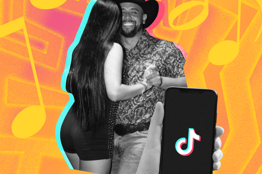 Collage of couple dancing and hand holding phone with TikTok logo