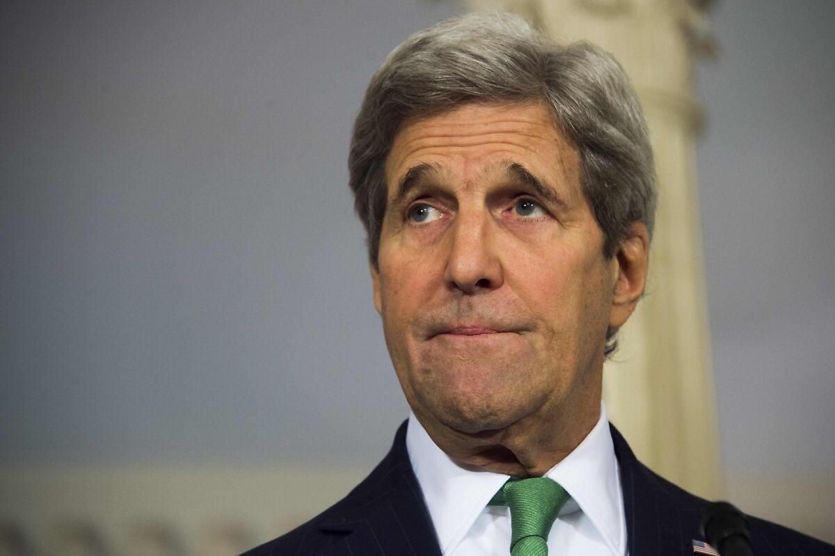 Secretary of State John F. Kerry delivers a statement on Syria at the State Department in Washington on March 15.