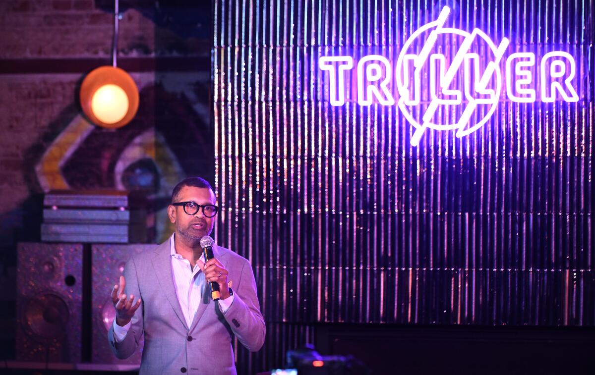 Triller Chief Executive Mahi de Silva speaks to influencers and guests during an event for Black creators in Los Angeles.