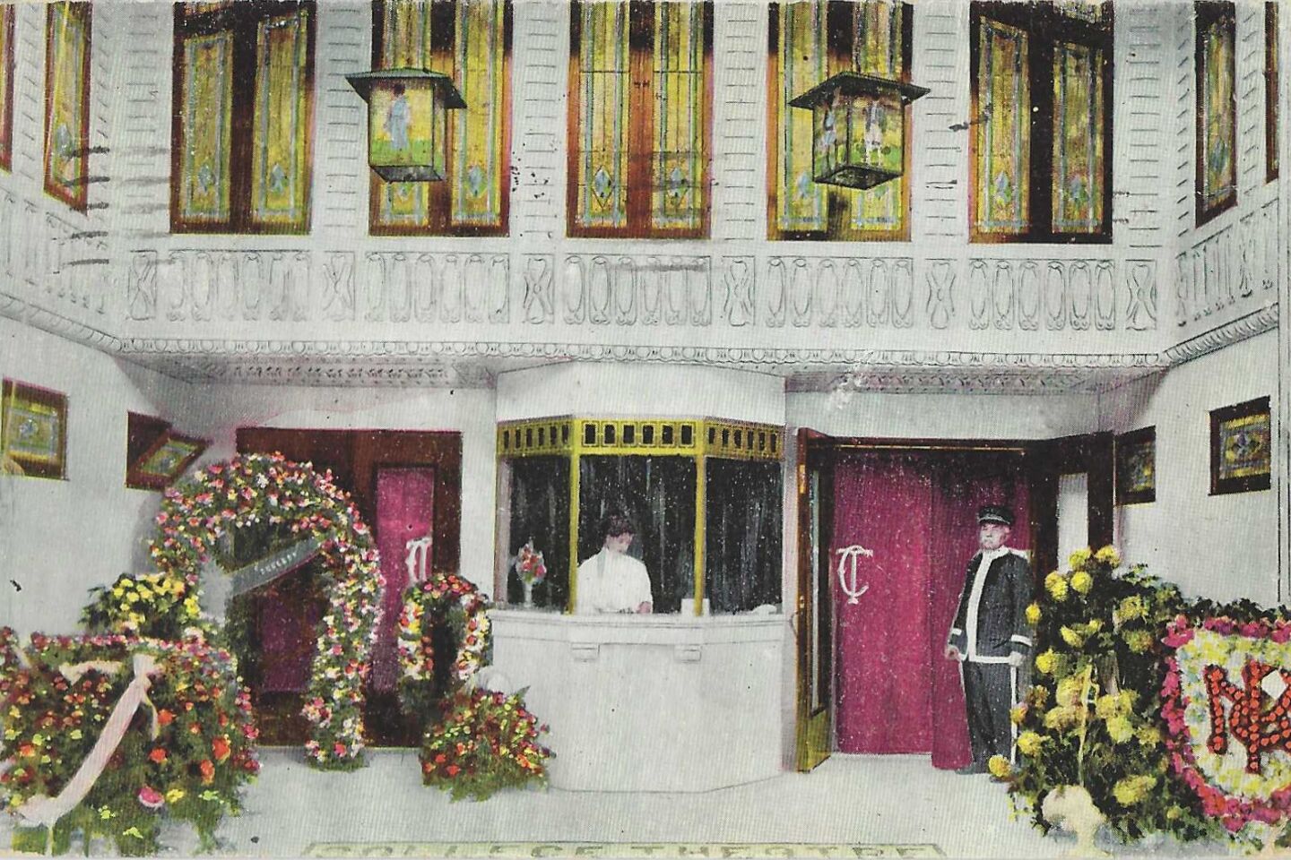 Vintage postcard shows the entrance to the College Theater, bedecked with flowers and red curtains, with a uniformed doorman.