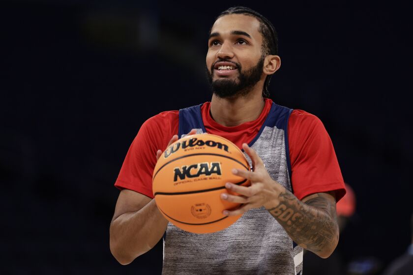 Florida Atlantic guard Jalen Gaffney shoots during practice before a Sweet 16 college basketball game at the NCAA East Regional of the NCAA Tournament, Wednesday, March 22, 2023, in New York. (AP Photo/Adam Hunger)